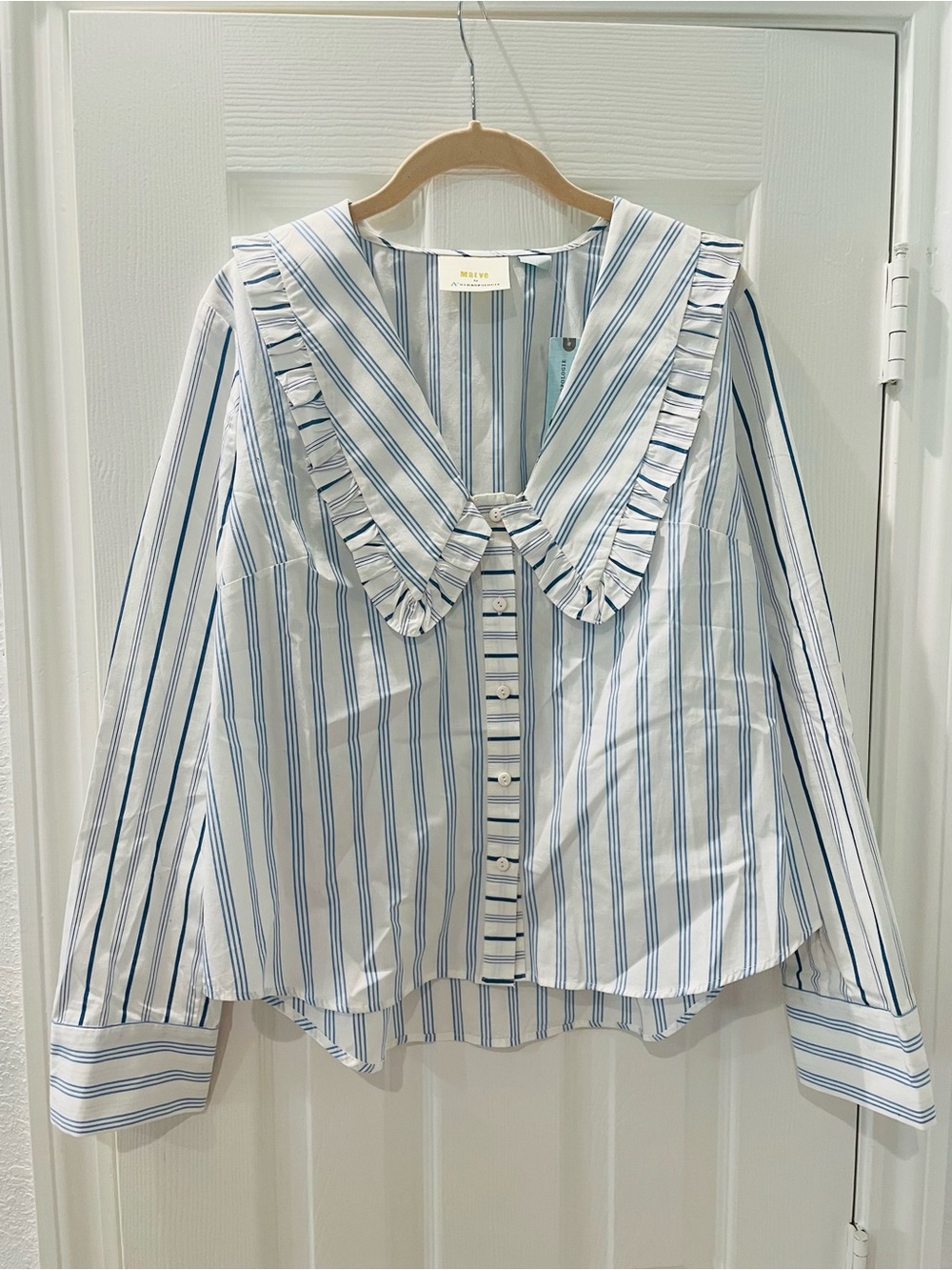 Anthropologie Blue and White Striped Ruffled Collar Button-Down Top
